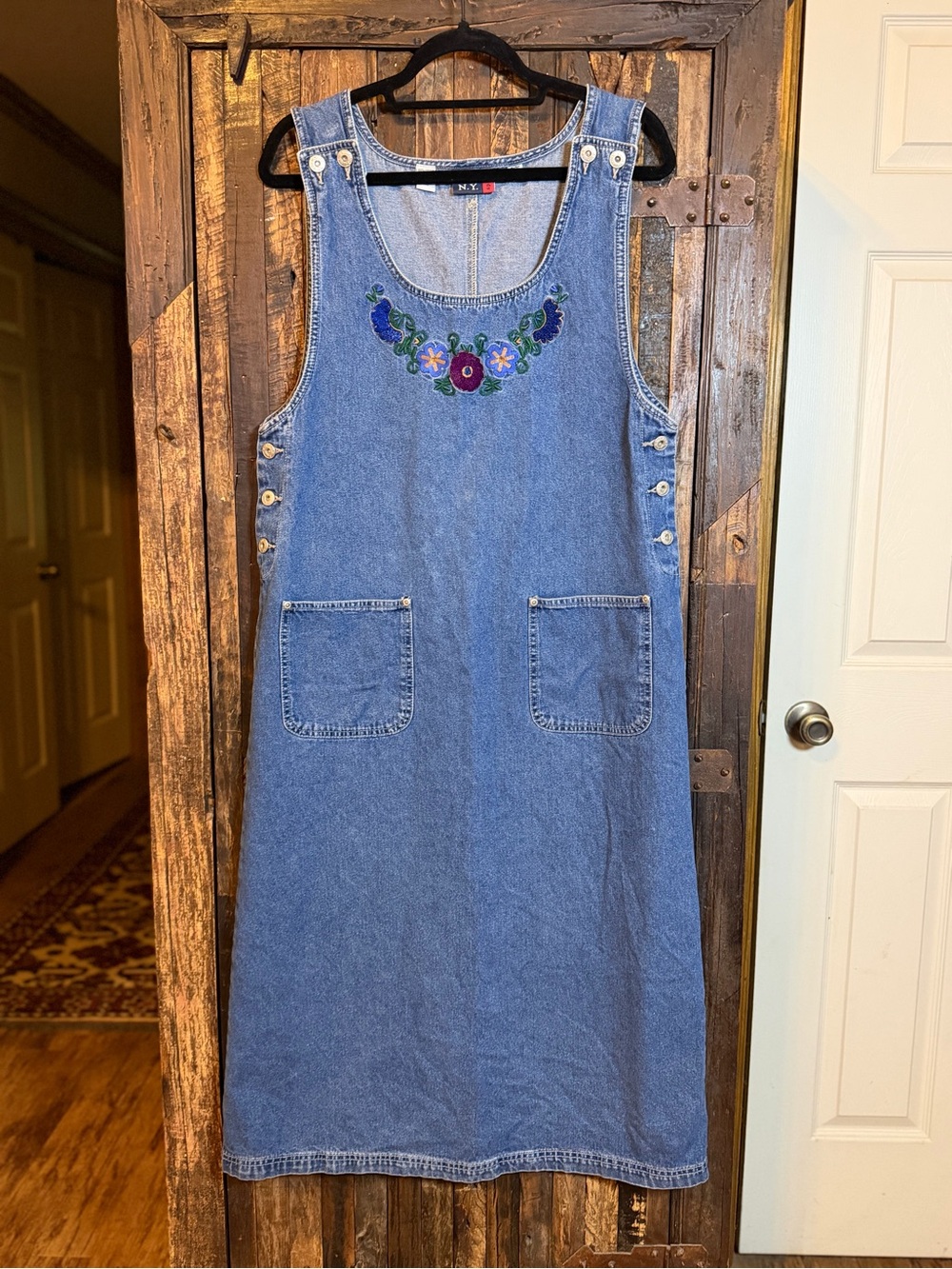 Vintage 90s J.L. N.Y. Sport Denim Jumper Dress L Floral Embroidered Maxi Pockets